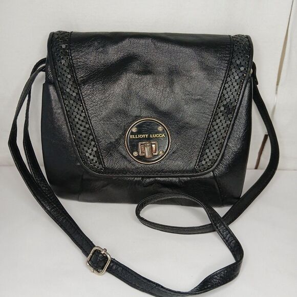 Elliott Lucca Handbags - Elliot Lucca Leather Handbag Purse Crossbody Block Pattern Black Geometric